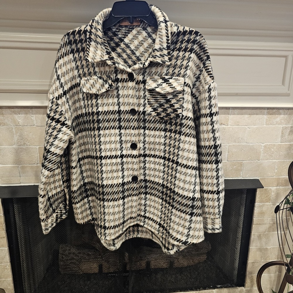 Soho Plaid Houndstooth Black & Tan Womens Large Lightweight Jacket